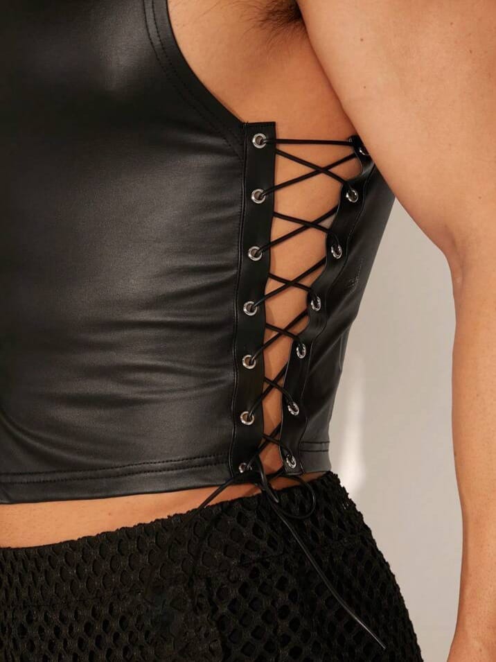 Men's Solid Color Lace Binding PU Leather tank Top